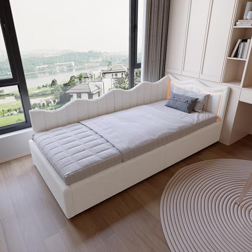 Polsterbett 140x200 mit LED und USB-Anschluss, Jugendbett in Teddy-Stoff, Bettgestell mit Lattenrost aus Holz, Daybett Tagesbett (Weiß)