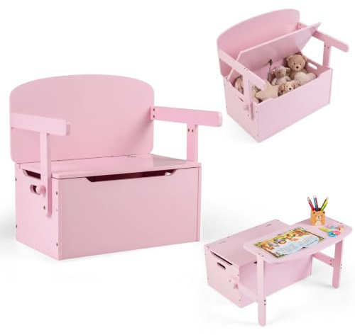 Kids Table and Chair Set, 3 in 1 Convertible Wooden Toy Box Storage Bench with Handle, Toddler Organizer Cabinet Furniture Set Gift for Daycare Playroom Boys Girls (Pink)
