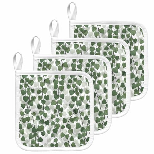 4 Pack Pot Holders Heat Insulation Hot Pads,Spring Plants Ivy Washable Oven Pot Holder Set for Kitchen Green Heartleaf Philodendron Potholders for Baking Cooking Dining Table