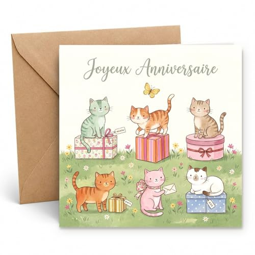Edition Seidel Premium Carte d'anniversaire carrée avec enveloppe. Carte de vœux française Joyeux Anniversaire pour Femmes Amies Enfants chat cadeaux mignon (GQ827 SW026)