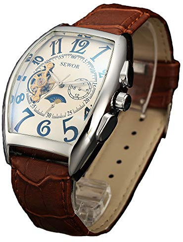 SEWOR Luxury Tourbillon Herren Mondphase automatische mechanische Armbanduhr Lederband Glasbeschichtung blau (Silver White)