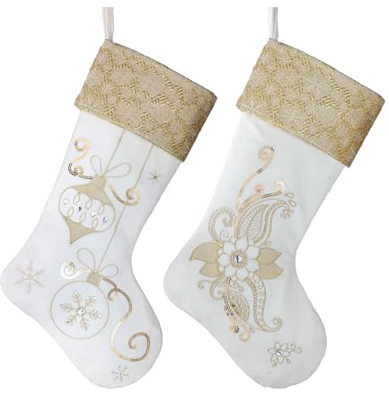 Valery Madelyn 21 Inches Christmas Stockings Decorations, 2 Pack White and Gold Stockings Embroidered in Gold Thread, Elegant Stocking Christmas with Name Tag for Fireplace Decor