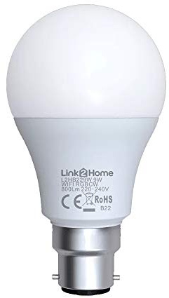 Link2Home B22/60W Equivalent WiFi LED Lamp, Smart Light Bulb with RGB Multicolour Settings – Dimmable with Alexa and Google Voice Control