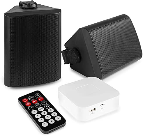 Power Dynamics - Pack de Sonido Exterior con Mini Amplificador Bluetooth BT20 con Reproductor MP3 USB/SD, 2 Altavoces BGO50 Negros Resistentes 120W, Cable de 10m, Ideal para terraza o Jardines