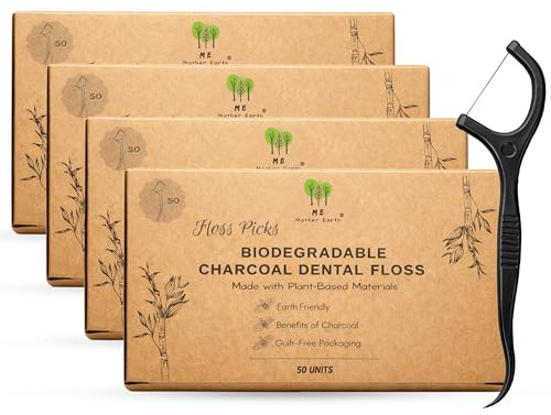 Me Mother Earth Vegan Biodegradable Dental Floss Picks (200 Count) - Natural | Sustainable | Eco-Friendly | Charcoal Dental Flossers for a Zero Waste Oral Care (3 Inch)