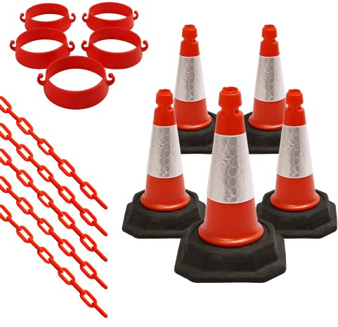 Street Solutions - Cone Chain Barrier Kit, 5 x 460mm Road Cones, 5 x Chain holders, 5 x Chains - Traffic Road Cone - Premium Quality Safety Cone - Strong and Durable Cone (Orange)