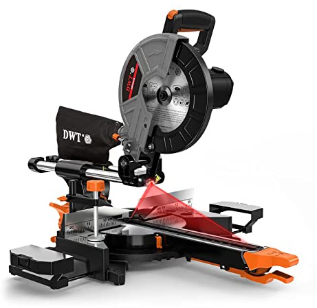 DWT Sliding Compound Miter Saw with 3 Blades, 15A 10, Double Speed (4500 RPM & 3200 RPM), Bevel Cut (0°-45°) with Laser, Extension Table, Iron Blade Guard, Cutting Wood, PVC or Soft Metal