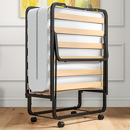 Giantex Folding Bed with Mattress for Adults, Cot Size Rollaway Bed for Guest, Portable Foldable Bed w/Memory Foam Mattress & Metal Frame for Easy Storage, 75x 31