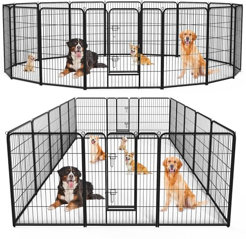 Sweetcrispy Dog Playpen Indoor - Pet Fence Exercise Pen for Yard Gate 16 Panels Foldable Puppy Playpens with Doors Metal Dog Pen for Camping, RV, Outdoor, Small/Medium/Large Pets, 40” Height