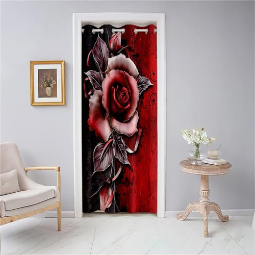 Odot Vorhang Blickdicht Türvorhang Thermo Gardinen Verdunklungsvorhänge mit Ösen, Stilvolle Rote Rose Muster Raumteiler Vorhang für Fenster Tür Schlafzimmer Schrank (80x180cm,Wunderschön)