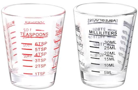 Glass Measuring Cups for Small Amounts of Liquids Such as Milk, Coffee, Cocktails, Whisky, Tequila, Spirits and Wine, 2 Pcs - One Red, One Black (30ML)