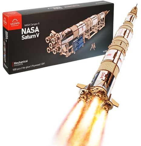 UGEARS NASA Saturn V Modellraketen-Bausatz - Modellbausätze für Erwachsene - 3D-Holzpuzzle zum BAU Einer Weltraumfähre - Raketenraumschiff aus Holz 3D-Puzzle