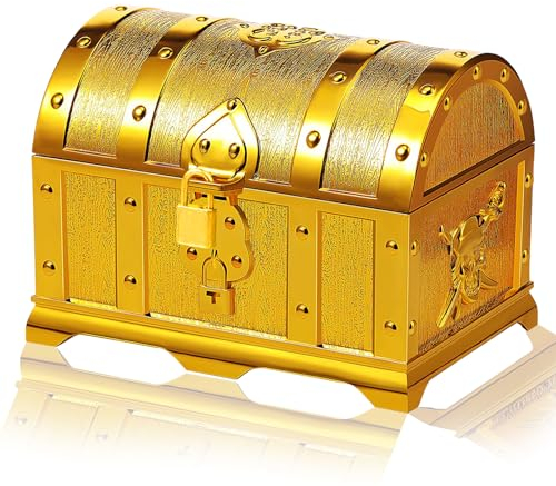Eyezeeption Schatzkiste Kindergeburtstag Gold Schatztruhe Kinder mit Schloss und Schlüssel,Piraten Kindergeburtstag Schatztruhe Piraten Schatzkiste Klein für Aufbewahren und Dekor. (Gold Schatztruhe)