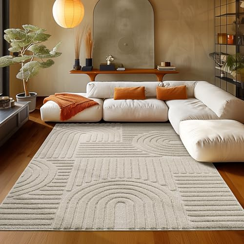 Teppium Hochflor Teppich Wohnzimmer Skandinavisch Boho Design - Pflegeleicht - Beige Teppich 140 x 200 cm
