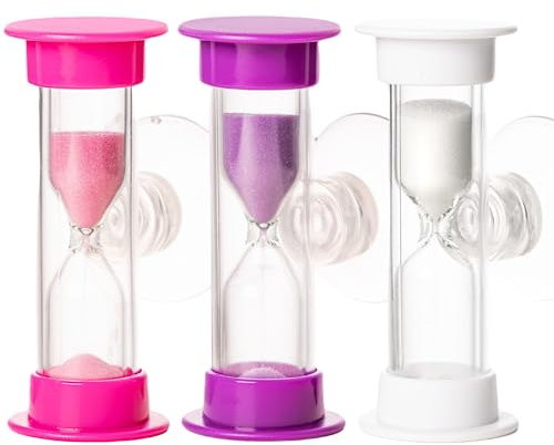 3PC Tooth Brushing 2 Min Sand Timer with Suction Cap, Dental Timer for Kids. Countdown, for Healthy Teeth (Pink, Purple & White)