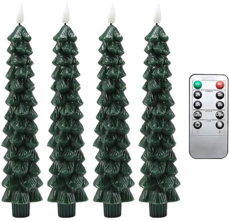 Bougies LED pour sapin de Noël | 4 bougies coniques vertes avec minuterie et télécommande, bougies sans flamme de 9,7 pouces pour sapin de Noël