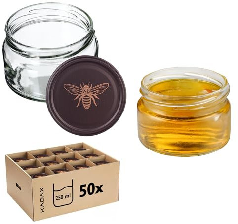 KADAX Lot de 50 petits pots à confiture avec couvercles hermétiques - 250 ml - Idéaux comme cadeau - Motif abeilles dorées