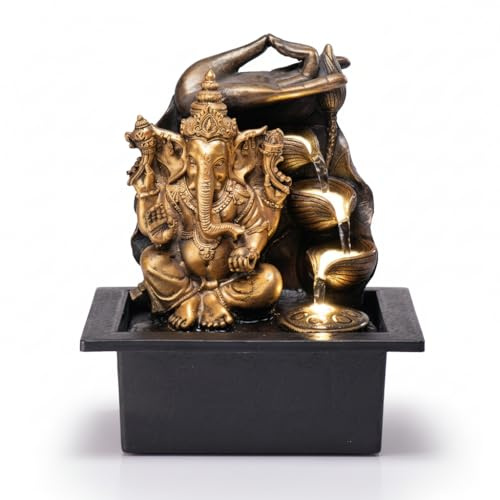 LEOM Indoor Ganesha Indoor Water Fountain, LED Lights, 3 Tier Waterfall Feature Design, Desktop Zen Waterfall Tabletop Zen Fountain, Hindu Lord Ganesha Statue, 25cm Tall
