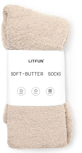 Litfun Fuzzy Socks for Women Cozy Fluffy Winter Warm Sleep Socks Super Comfy and Soft, Stone, M