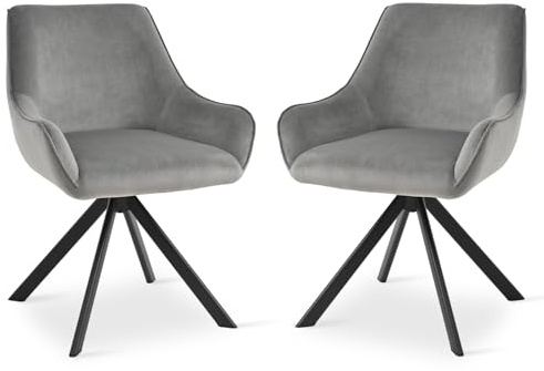 Goeurvant Swivel Dining Chairs Set of 2, 360° Swivel Kitchen Chair for Living Room with Armrests, Upholstered, Metal Leg, Velvet, Gray