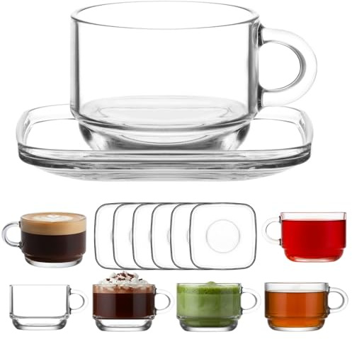 vienberg Cozy Glas Tassen Set 12-teilig – 6 Glas-Tassen mit Henkel (270 ml) + 6 Glas-Untertassen – Stapelbar, Bleifrei, Made in Europe, Für Kaffee, Cappuccino, Latte, Tee & Matcha, Tee Set Tasse