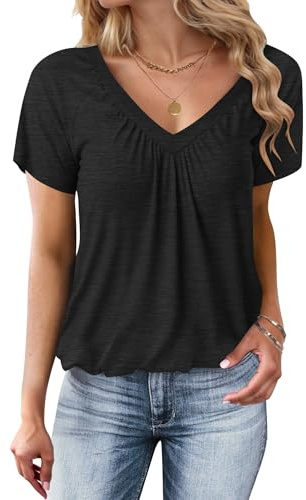 WNEEDU T-shirt dam sommar kortärmad topp v-ringad ledig basic blus skjorta