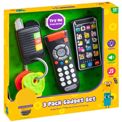 Kids Baby Learning Toys Gadget Set 3pk Educational Pretend Play Electronic Toys with Mobile Phone, TV Remote Control Car Keys, Lights & Sounds for Toddlers Christmas Birthday Gift for Kids 12+ Months.