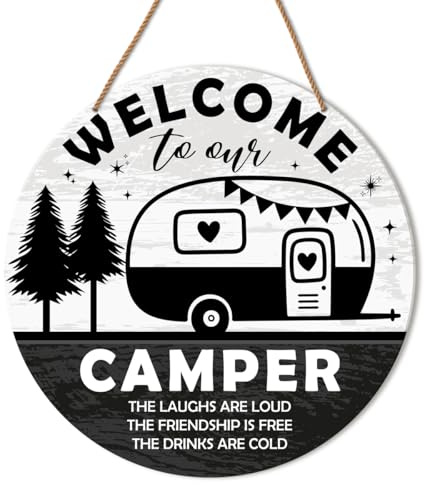 Wall Hanging Art, Welcome to Our Camper, Funny Camping Signs for Campers Campsite Door Camp Hanging Sign Decor RV Motorhome Accessories Decorations Gift for Camper Camping Lover 10 x 10