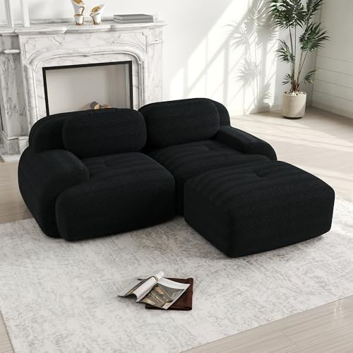 Muskel Sofá moderno de cordón modular en forma de L, sofá cama de esquina con otomana móvil, sin montaje, cómodo asiento profundo sin huesos, sofá nube para sala de estar (Negro, 2 plazas+1)