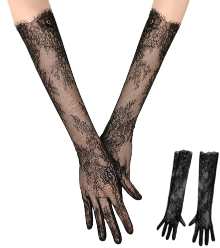 Black Lace Long Gloves for Women, 55cm Elbow Length Floral Tulle Sheer Opera Gloves, Elegant Bridal Gloves for Wedding, Masquerade, Cosplay, Evening Party & Formal Events