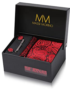 Massi Morino Krawatte Paisley Rot mit Einstecktuch Set Herren inkl. Manschettenknöpfe, Krawattennadel und Geschenkbox | Männer Krawattenset zur Hochzeit