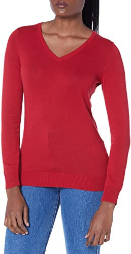 Amazon Essentials Jersey Ligero de Manga Larga con Cuello en V y Corte Estándar (Disponible en Tallas Grandes) Mujer, Rojo, S