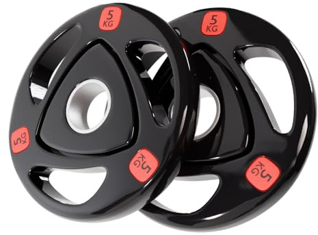 Strongway® Olympic Weight Plates Discs for Barbell Bar - 2 Inch (2) / 50mm Hole - Rubber Coated Cast Iron Weights Tri Grip Range of Weights and Sizes (5KG X 2)