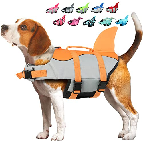 EMUST Shark Life Jackets for Dogs, Adjustable Ripstop Dog Life Jacket for Water Safety, Pet Life Jacket with Rescue Handle, Safety Vest for Swimming Pool, the Beach, Boating (L, Orange)