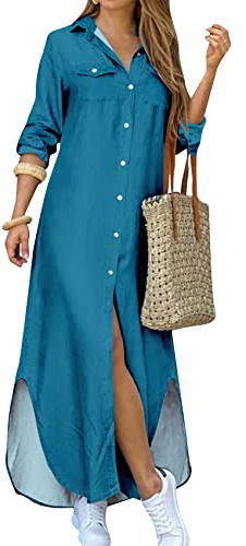 YMING Abiti a Maniche Lunghe da Donna Casual Allentato Maxi T-Shirt Abito Multicolore Abito Abbottonato Turchese L
