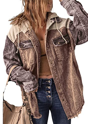 APAFES Veste en velours côtelé marron pour femme avec capuche à cordon de serrage, style vintage surdimensionné, marron, Medium