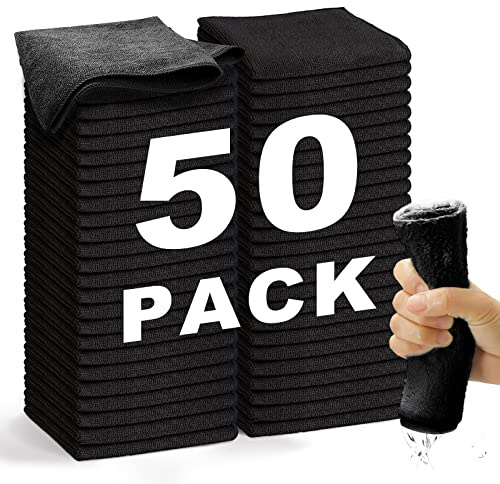 WEAWE Microfiber Cleaning Cloth-50Pcs (13x13 inch) Ultra Soft Highly Absorbent Rags for Cleaning, Reusable and Lint Free Towels for Housekeeping-Machine Wash (Black)