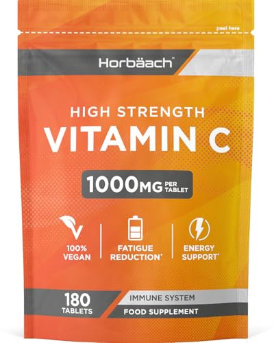 Vitamin C Hochdosiert Tabletten 1000mg pro Stk | 6 Monate Vorrat - 180 Vegane Tabletten | Immun-Support | Kapseln Alternative | by Horbaach