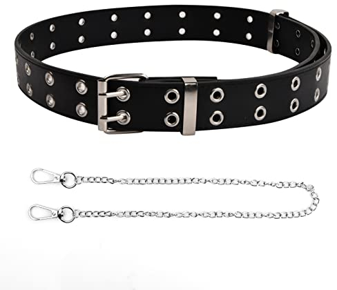 FESSOSKO Punk Kinder Gürtel, Doppelte Öse Kindergürtel mit Abnehmbarer Kette für Jungen Mädchen, PU Taillengürtel Nietengürtel für Jeans Röcke Kleid (Schwarz)