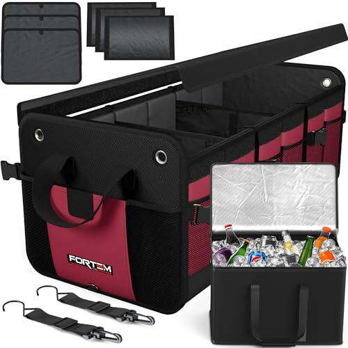 FORTEM Car Boot Organiser - Collapsible Car Organiser & Cooler Bag for SUVs | Car Accessories for Men & Women, Cooler Bag, Non Slip Bottom, Straps, Soft Cover, 1680D Oxford, 6 Compartments, Red, 110L