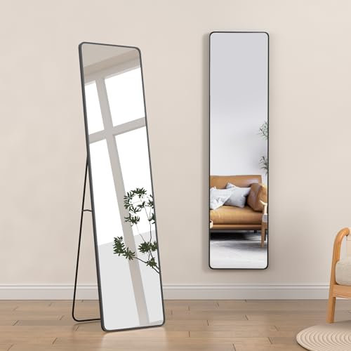 Warmiehomy Full Length Mirror, 147x37cm Large Wall Mounted or Free Standing Leaning Mirror with Black Metal Frame for Living Room or Bedroom