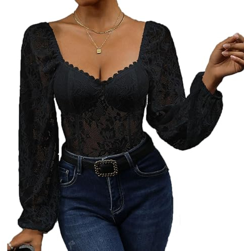 SHEKINI Dam elegant spets, nättyg, långärmad bodysuit med hjärtformad urringning och lyktärmar, spetsbody, topp, transparent, puffärmar, blusskjorta, svart, S