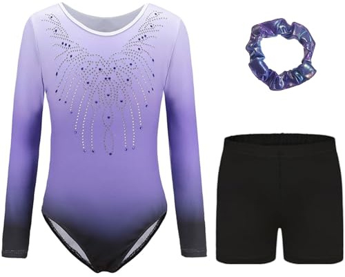 Kiscorpse Gymnastics Leotards for Girls Long Sleeve/Sleeveless Sparkle Ballet Dance Gymnastics Athletic Leotards Shinning Diamond for Kids 5-12 Years (Purple-long sleeved set, 7-8 Years)