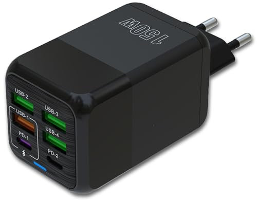 3-Stars | Cargador de 150W con 6 Puertos - 2 Tipo C y 4 Tipo A - Carga Rápida QC 3.0 - Compatible con Dispositivos iPhone, Samsung, Xiaomi - Certificado CE - Color Negro