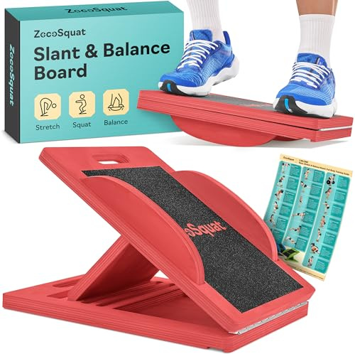 ZocoSquat - Planche d'équilibre et d'inclinaison en bois pour adultes - Rouge - 2 en 1 : planche inclinée et d'équilibre - Réglable - Antidérapante - Solide