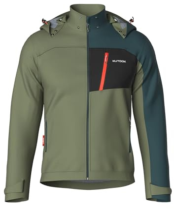 KUTOOK Softshelljacka för män cykling fleece termisk bergsjacka vandring vinterkappa vattentät vindjacka, Mörkgrön + armégrön, XXL