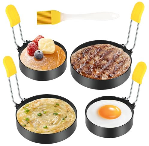 Sprifityy Stampo Pancake 4 Pcs Stampo per Uova In Acciaio Inox, Anelli per Uova Per Friggere, per Cucinare Uova Fritte Pancake(Pennello per Oliare Incluso)