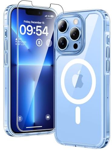 TAURI för iPhone 13 Pro Skal 6.1-Tum med Härdat Glas Skärmskydd, Kompatibelt med MagSafe, Militär kvalitet, [Icke-Gulning] Magnetisk Mobilskal Case - Klar