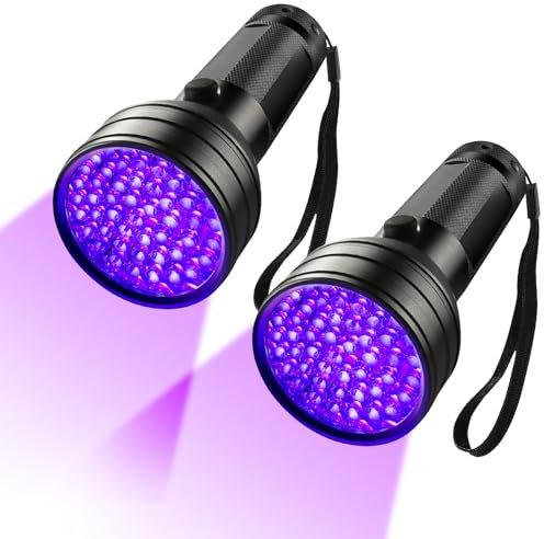 BORDEAG Torcia UV,2 Pezzi Torce UV con 51 LED 395 NM,Ultravioletti Portatile Mini LED Torce,Ultravioletti Torcia Luce per Banconote False,Urina di Cane,Tappeti,Roditori,Senza Batteria