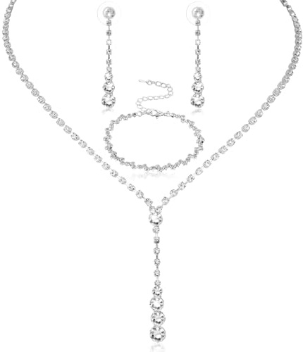 Telooco Rhinestone Bridal Jewellery Set Elegant Crystal Teardrop Pendant Necklace Drop Earrings Bracelet Sparkly Silver Jewellery Set for Brides Bridesmaid Women Girls Wedding Costume Accessories